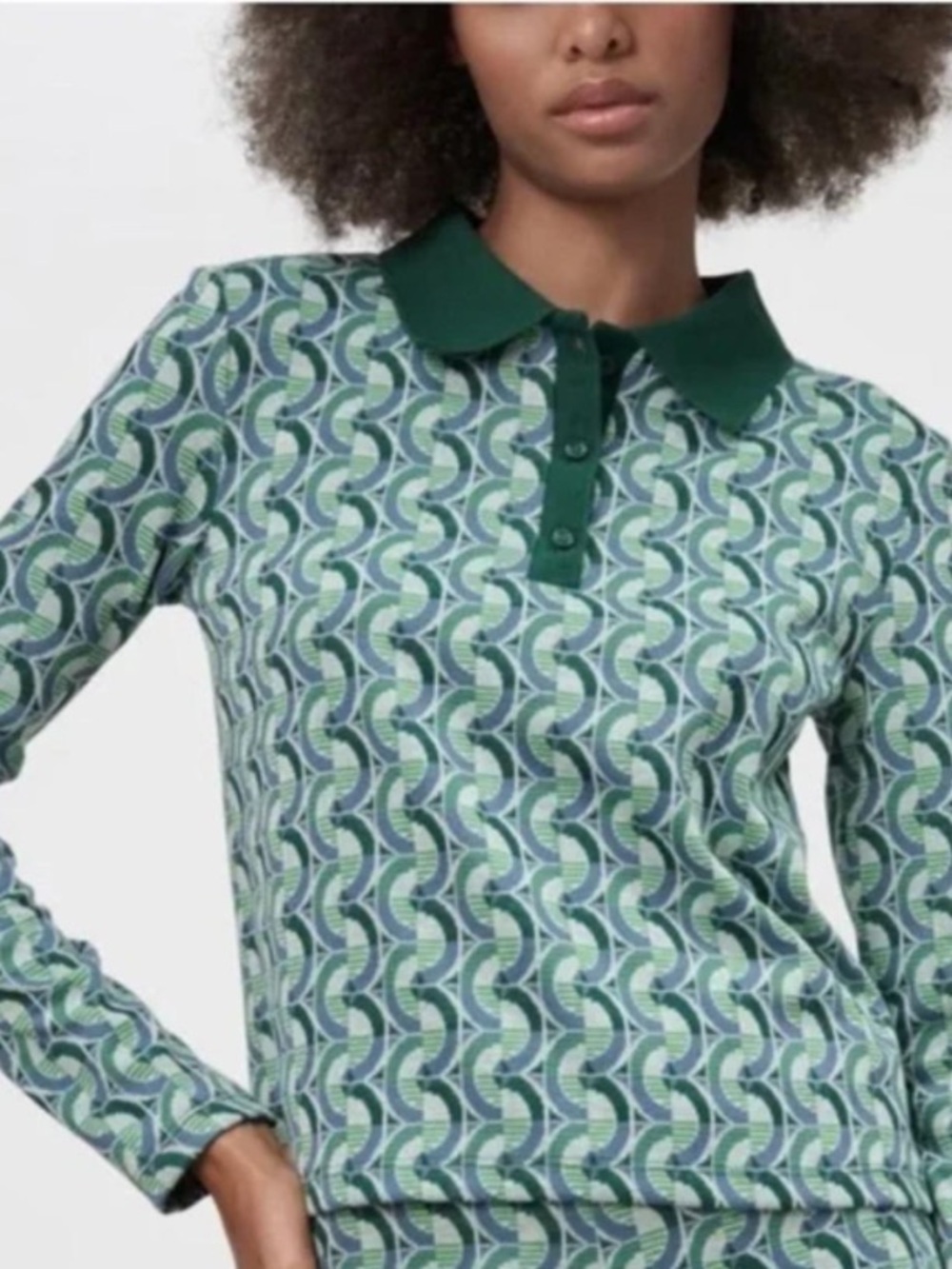 Zara Retro 70s Optical Print Jacquard Long Sleeve Polo Top Size Medium green